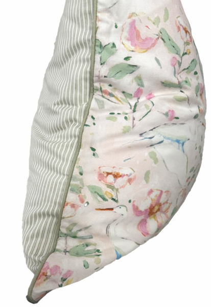 26x26 Egrets Pillow Cover- Sage Piping w/ Green Ticking Back