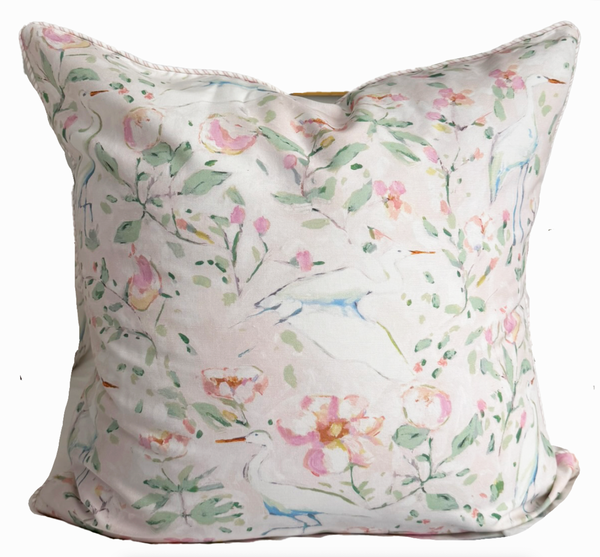 24x24 Egrets Pillow Cover- Pink Tick Piping