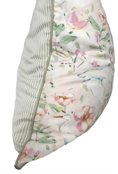 24x24 Egrets Pillow Cover- Sage Piping w/ Green Ticking Back