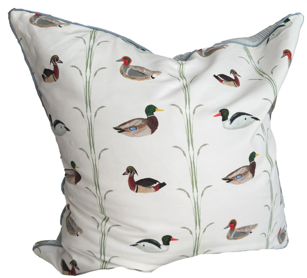 24x24 Ducks Pillow Cover- Slate Piping, Navy Tick Back