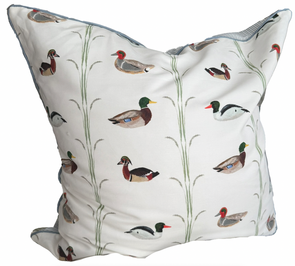 26x26 Ducks Pillow Cover- Slate Piping w/ Navy Ticking Back