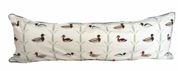 Large Lumbar Ducks Pillow Cover- Slate Piping, Navy Tick Back