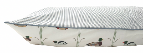 Large Lumbar Ducks Pillow Cover- Slate Piping, Navy Tick Back