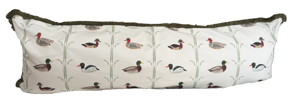 Large Lumbar Ducks Pillow Cover- Green Fringe
