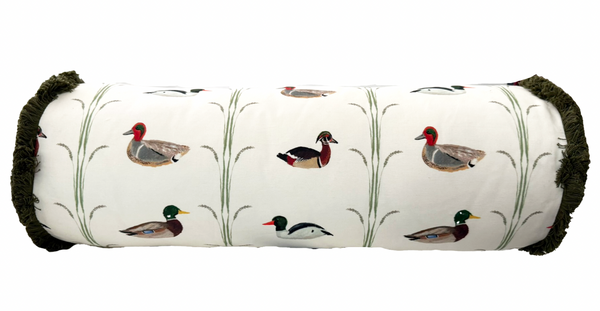 Small Bolster Ducks Pillow Cover- Green Fringe