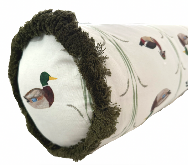 Small Bolster Ducks Pillow Cover- Green Fringe