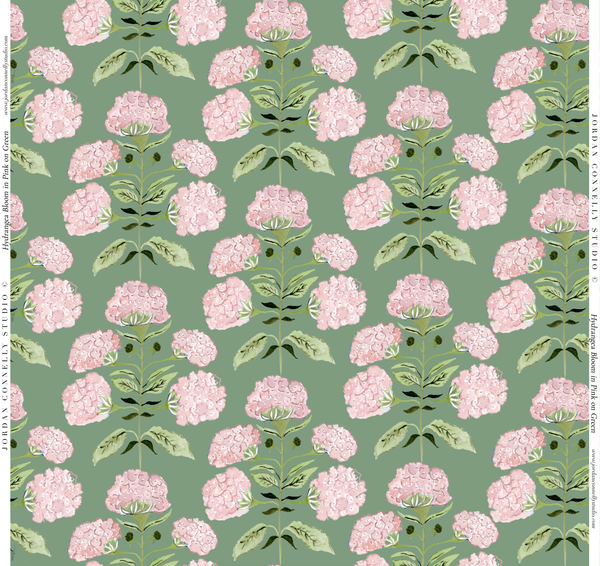 Hydrangea Bloom in Pink on Green- Wallpaper
