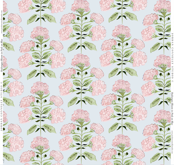 Hydrangea Bloom in Pink on Blue- Wallpaper