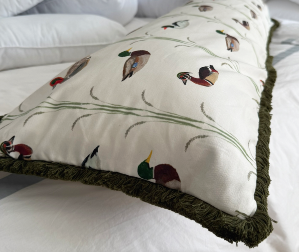 Large Lumbar Ducks Pillow Cover- Green Fringe