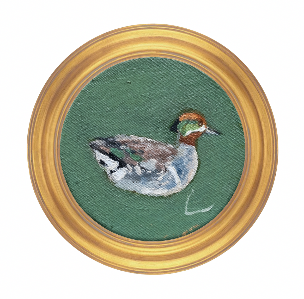 Framed painting of a duck on a green background