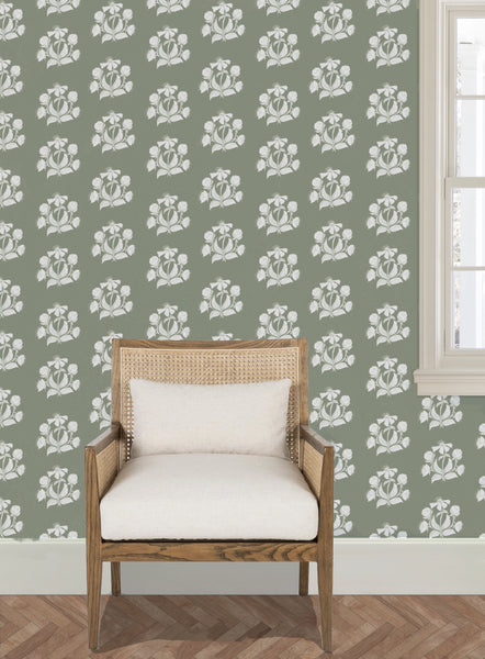 Peony Bundle in Salt on Sage- Wallpaper