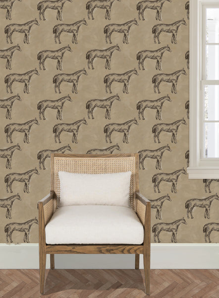 Antique Parchment Horse in Parchment- Wallpaper