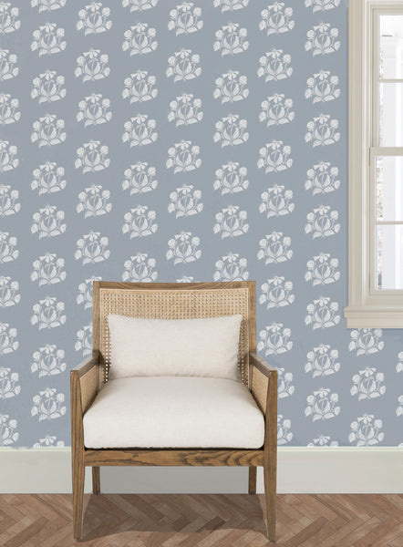 Peony Bundle in Salt on Blue- Wallpaper