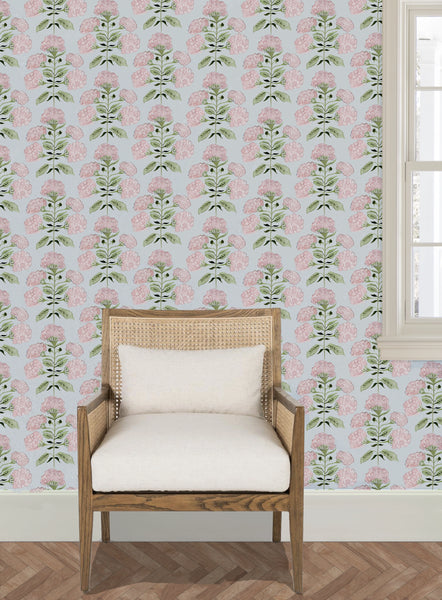 Hydrangea Bloom in Pink on Blue- Wallpaper