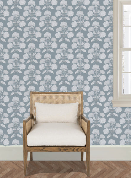Hydrangea Bloom in Salt on Blue- Wallpaper