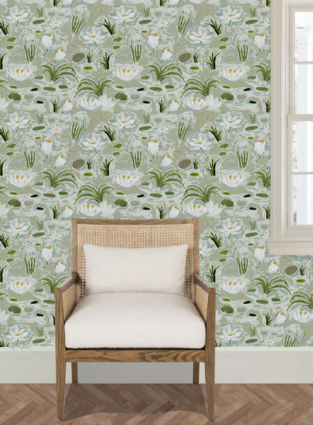 Waterlilies in Green- Wallpaper