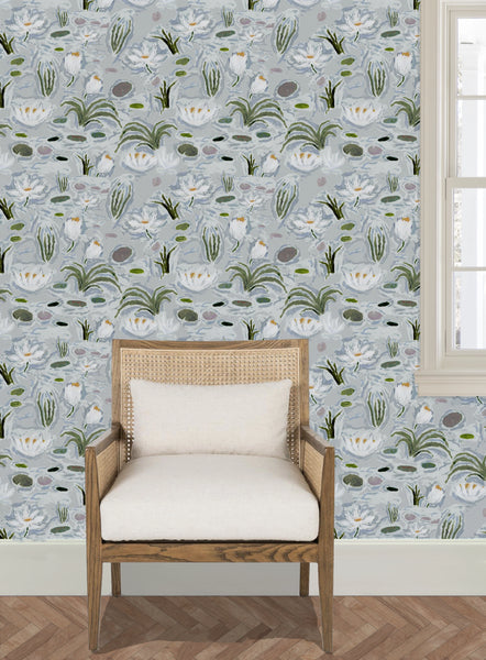 Waterlilies in Blue- Wallpaper