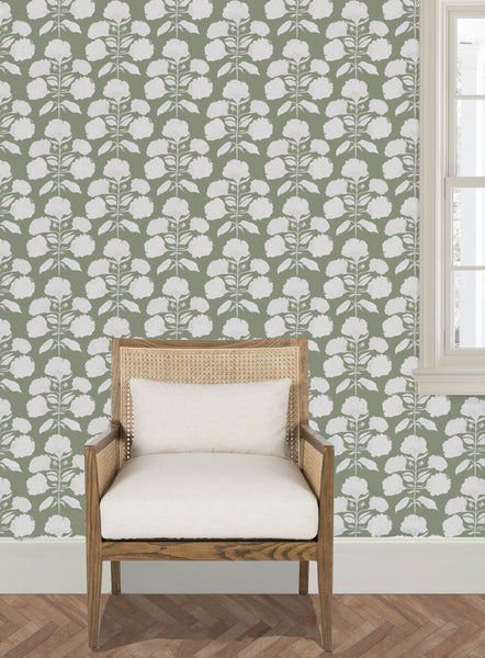 Hydrangea Bloom in Salt on Sage- Wallpaper