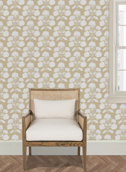 Hydrangea Bloom in Salt on Tan- Wallpaper