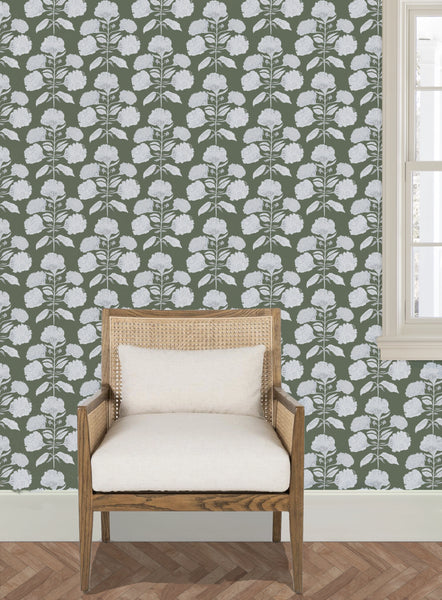Hydrangea Bloom in Salt on Olive- Wallpaper