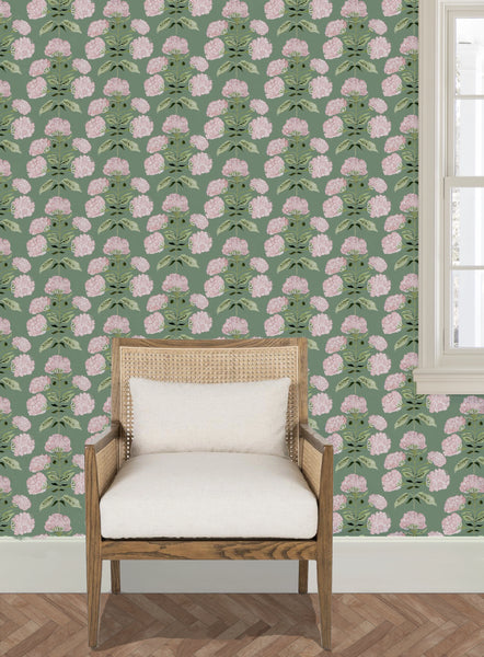 Hydrangea Bloom in Pink on Green- Wallpaper
