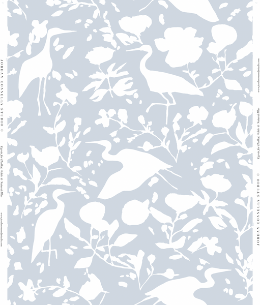 Egrets for Hadley in White and Natural Blue- Wallpaper