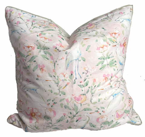 26x26 Egrets Pillow Cover- Sage Piping w/ Green Ticking Back