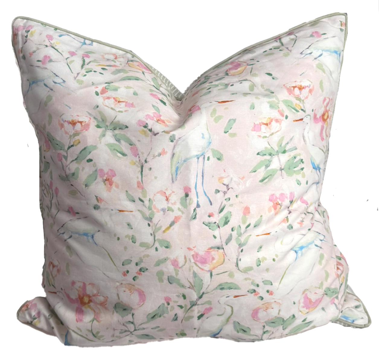 24x24 Egrets Pillow Cover- Sage Piping w/ Green Ticking Back