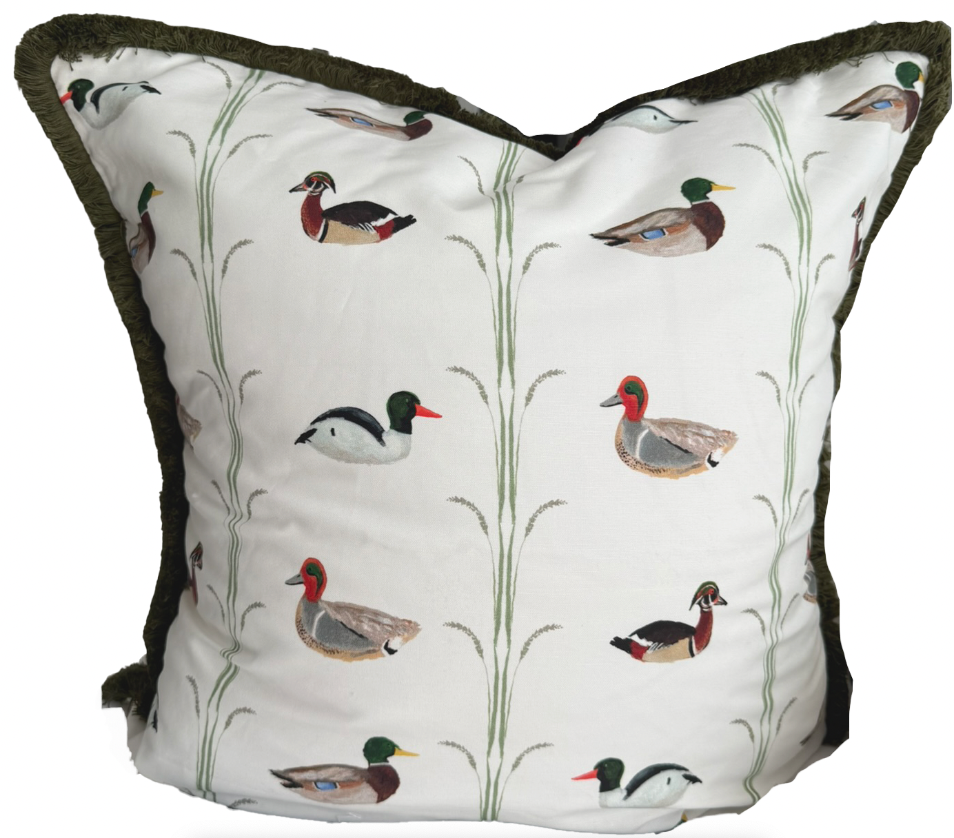 24x24 Ducks Pillow Cover- Green Fringe