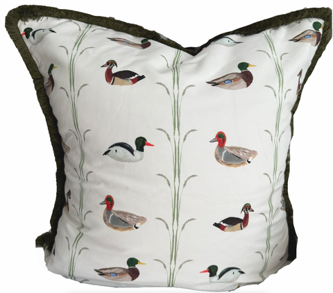 24x24 Ducks Pillow Cover- Green Fringe