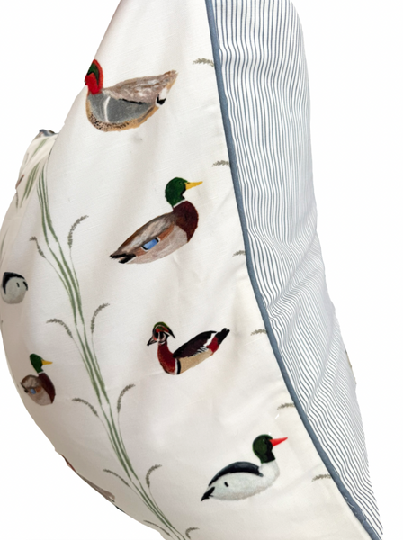 26x26 Ducks Pillow Cover- Slate Piping w/ Navy Ticking Back