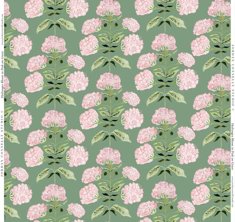 Hydrangea Bloom in Pink on Green- Fabric
