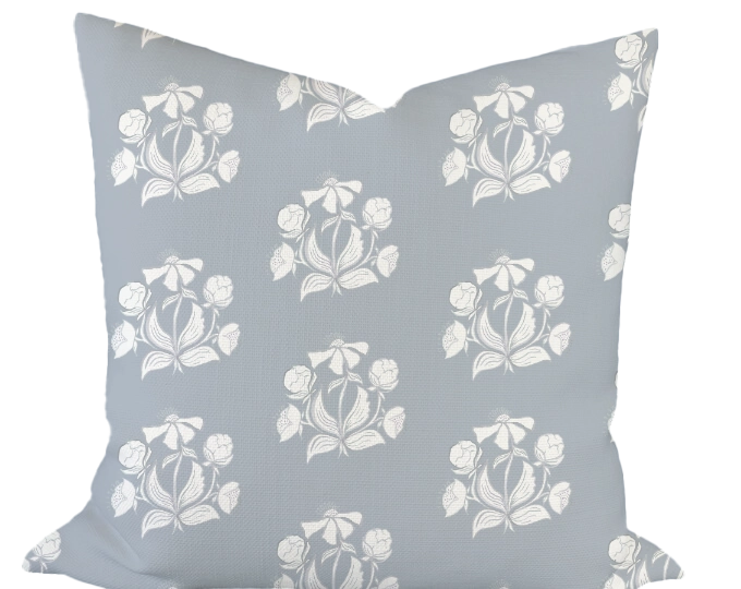 Peony Bundle in Salt on Blue Custom Pillow