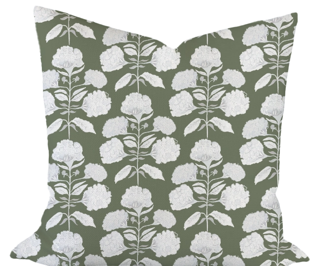 Hydrangea Bloom in Salt on Olive Custom Pillow