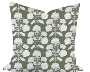 Hydrangea Bloom in Salt on Olive Custom Pillow