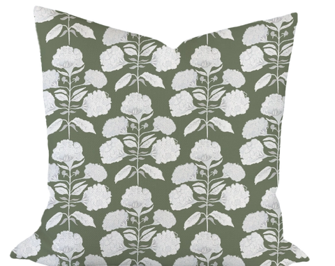 Hydrangea Bloom in Salt on Olive Custom Pillow