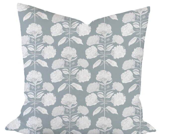 Hydrangea Bloom in Salt on Blue Custom Pillow