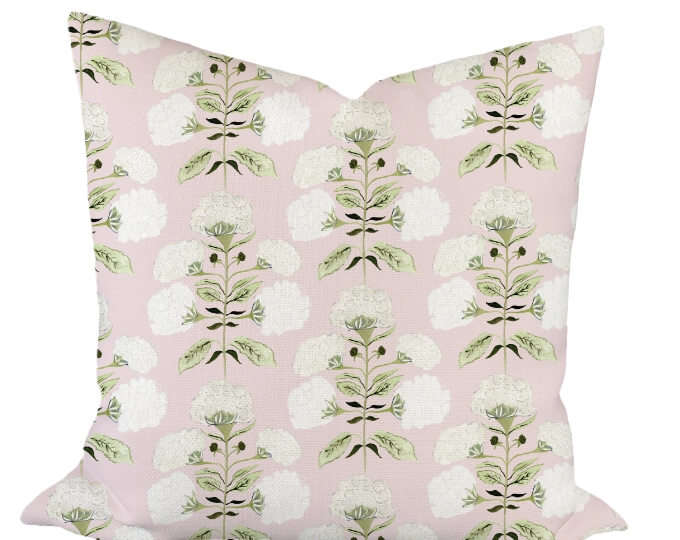 Hydrangea Bloom in Garden on Blush Custom Pillow