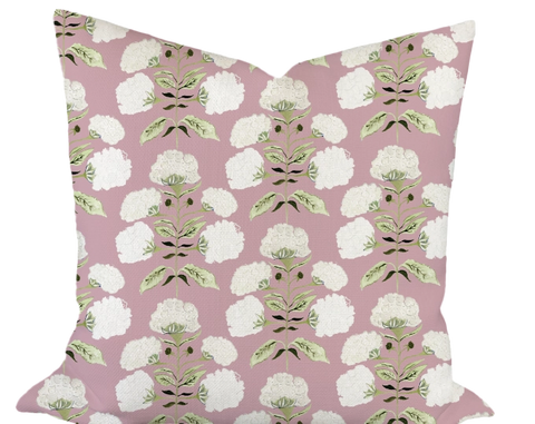 Hydrangea Bloom in Garden on Mauve Custom Pillow