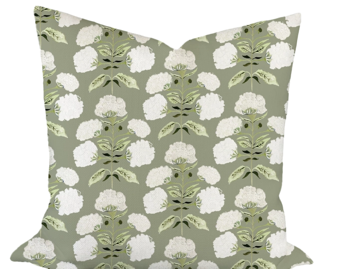 Hydrangea Bloom in Garden on Sage Custom Pillow