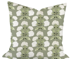 Hydrangea Bloom in Garden on Sage Custom Pillow