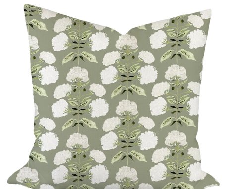 Hydrangea Bloom in Garden on Sage Custom Pillow