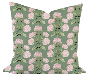 Hydrangea Bloom in Pink on Green Custom Pillow