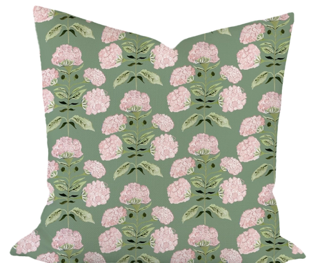 Hydrangea Bloom in Pink on Green Custom Pillow