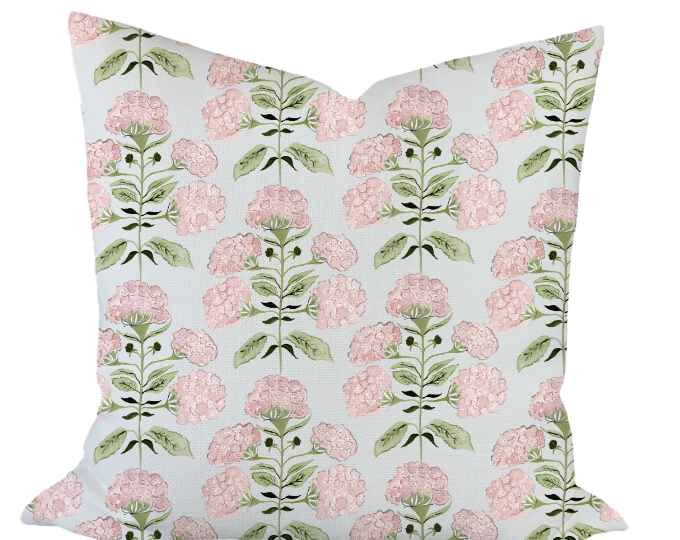 Hydrangea Bloom in Pink on Blue Custom Pillow