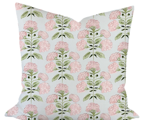 Hydrangea Bloom in Pink on Blue Custom Pillow