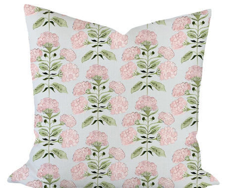 Hydrangea Bloom in Pink on Blue Custom Pillow