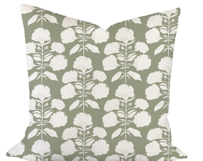 Hydrangea Bloom in Salt on Sage Custom Pillow