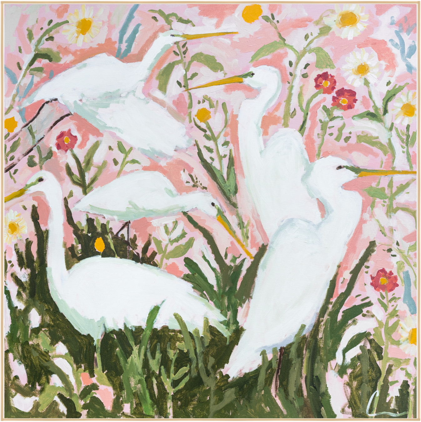 Birds in Peony 36x36 *COMES FRAMED