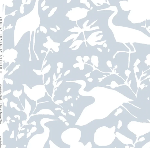 Egrets for Hadley in White and Natural Blue- Wallpaper